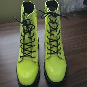 Vibrant Neon Green Patent Leather Combat Boots